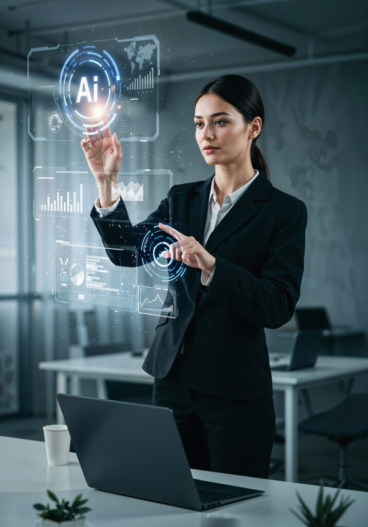 Team businesswoman interacting with ai hologram office